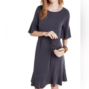 Anthropologie Averil Tee Dress XS Flounced hem Flutter Sleeve Charcoal Gray